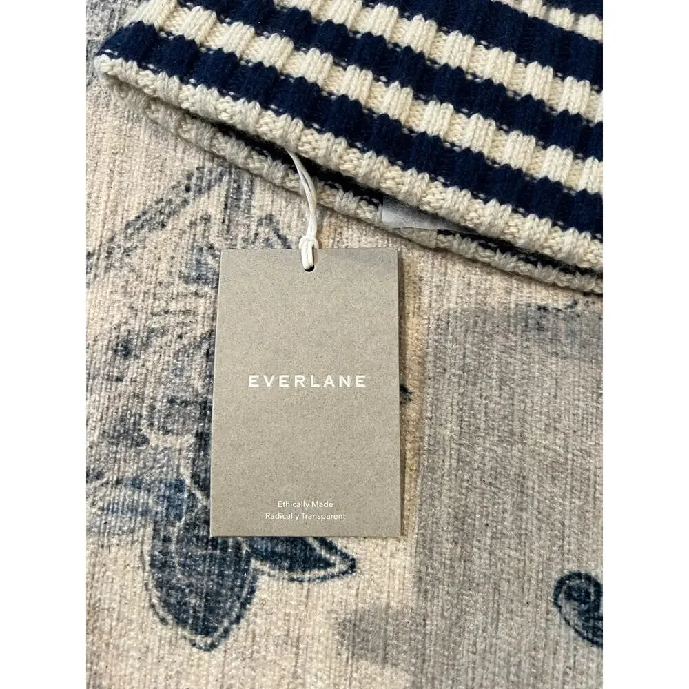 NWT Everlane Unisex The Cashmere Wool Beanie Hat Navy Cream Striped One Size